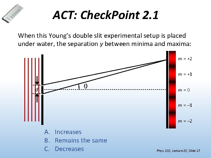 ACT: Check. Point 2. 1 When this Young’s double slit experimental setup is placed
