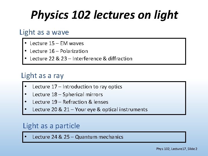 Physics 102 lectures on light Light as a wave • Lecture 15 – EM