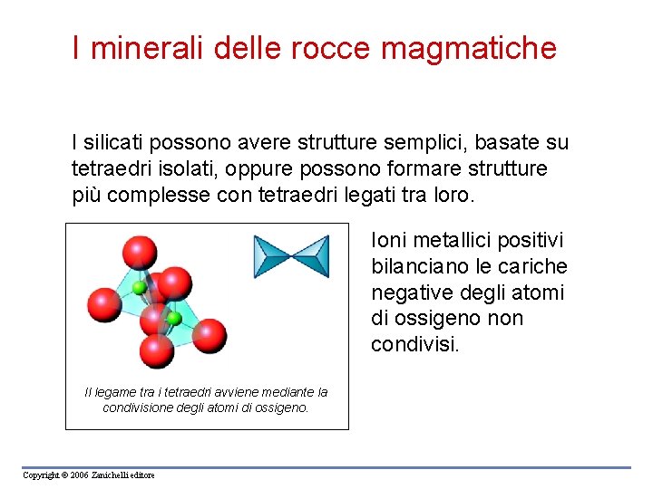 I minerali delle rocce magmatiche I silicati possono avere strutture semplici, basate su tetraedri I minerali delle rocce magmatiche I silicati possono avere strutture semplici, basate su tetraedri