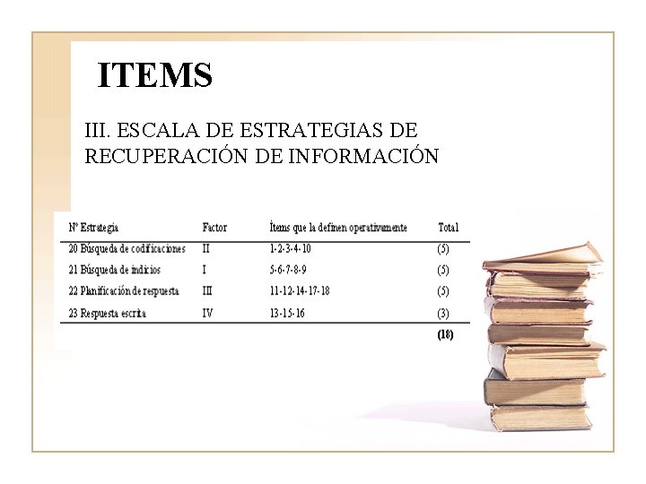 ITEMS III. ESCALA DE ESTRATEGIAS DE RECUPERACIÓN DE INFORMACIÓN ITEMS III. ESCALA DE ESTRATEGIAS DE RECUPERACIÓN DE INFORMACIÓN