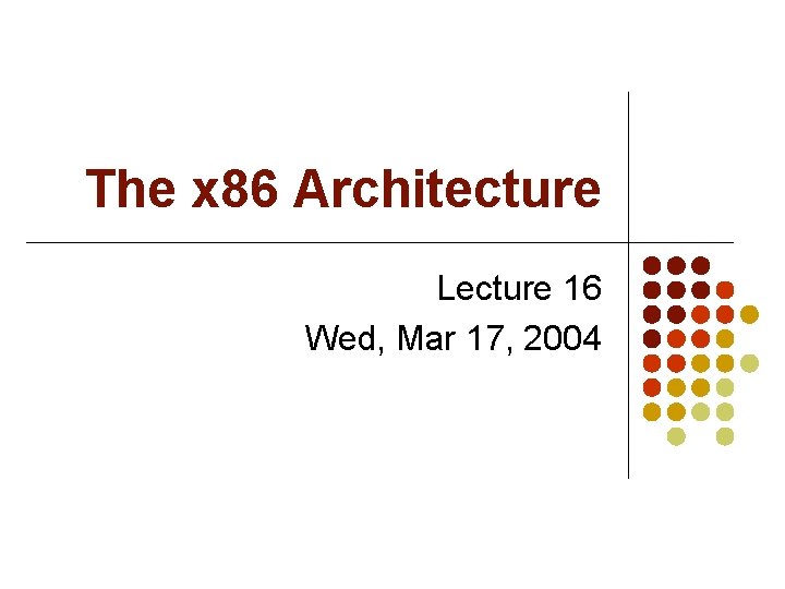 The x 86 Architecture Lecture 16 Wed, Mar 17, 2004 The x 86 Architecture Lecture 16 Wed, Mar 17, 2004