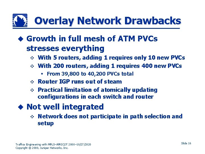 Overlay Network Drawbacks u Growth in full mesh of ATM PVCs stresses everything With
