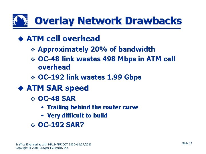 Overlay Network Drawbacks u ATM cell overhead Approximately 20% of bandwidth v OC-48 link