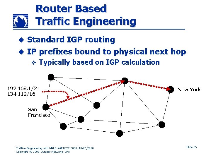 Router Based Traffic Engineering Standard IGP routing u IP prefixes bound to physical next