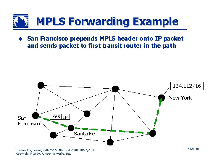 MPLS Forwarding Example u San Francisco prepends MPLS header onto IP packet and sends