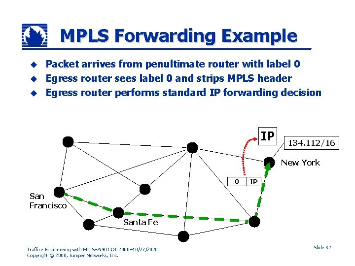 MPLS Forwarding Example Packet arrives from penultimate router with label 0 u Egress router