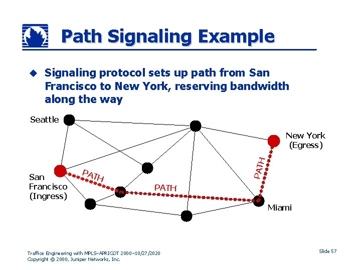 Path Signaling Example u Signaling protocol sets up path from San Francisco to New