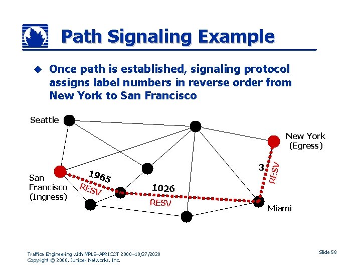 Path Signaling Example u Once path is established, signaling protocol assigns label numbers in