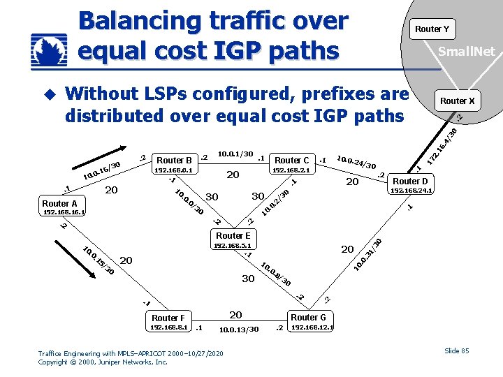 Balancing traffic over equal cost IGP paths Small. Net Without LSPs configured, prefixes are
