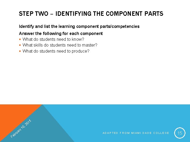 STEP TWO – IDENTIFYING THE COMPONENT PARTS Identify and list the learning component parts/competencies