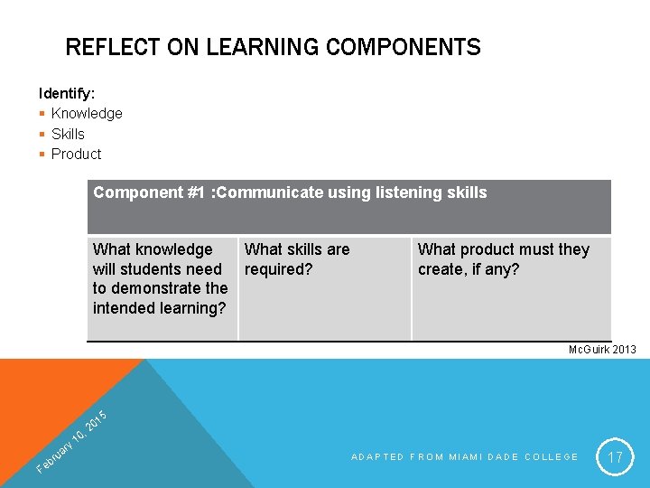 REFLECT ON LEARNING COMPONENTS Identify: § Knowledge § Skills § Product Component #1 :