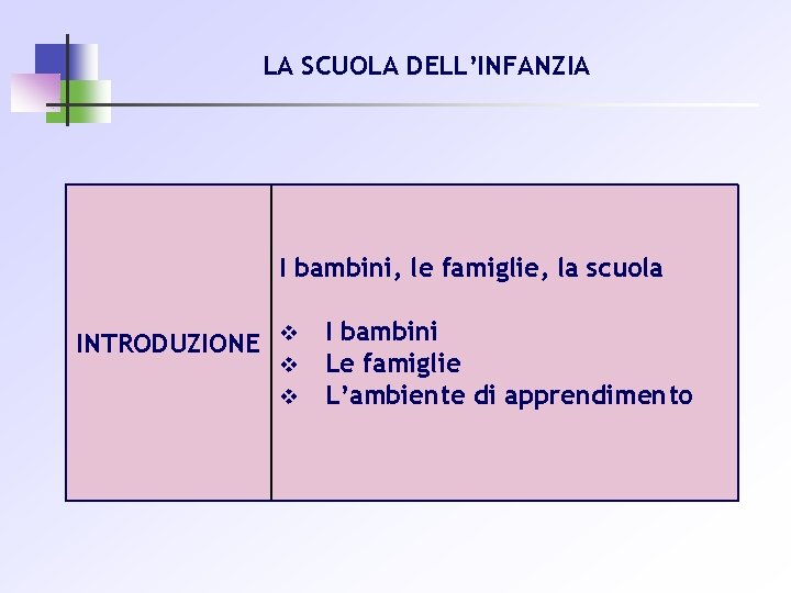 LA SCUOLA DELL’INFANZIA I bambini, le famiglie, la scuola INTRODUZIONE v v v I