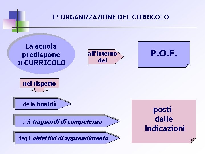 L’ ORGANIZZAZIONE DEL CURRICOLO La scuola predispone Il CURRICOLO all’interno del P. O. F.