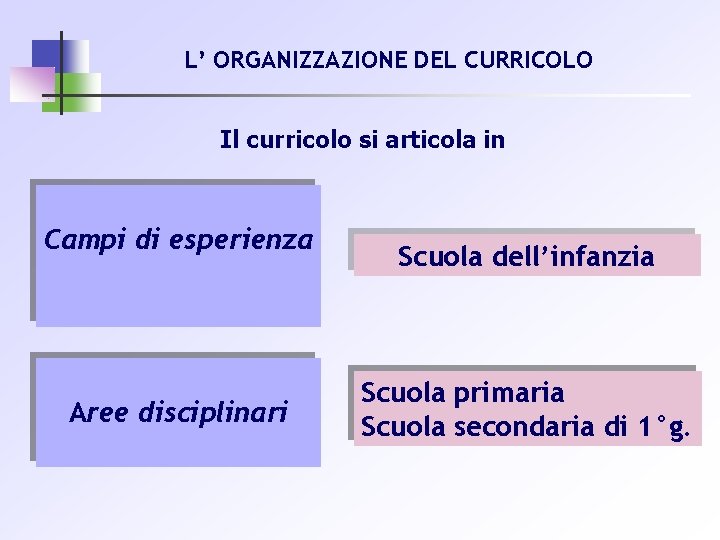 L’ ORGANIZZAZIONE DEL CURRICOLO Il curricolo si articola in Campi di esperienza Aree disciplinari