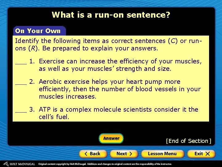 What is a run-on sentence? On Your Own Identify the following items as correct