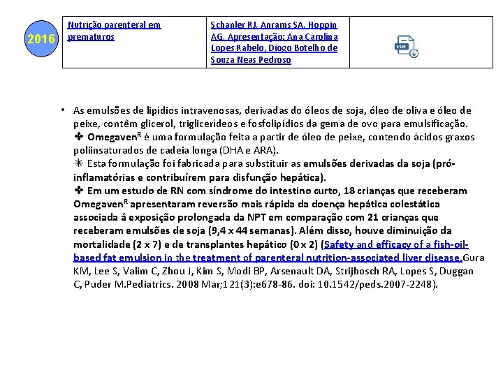 2016 Nutrição parenteral em prematuros Schanler RJ, Anrams SA, Hoppin AG. Apresentação: Ana Carolina