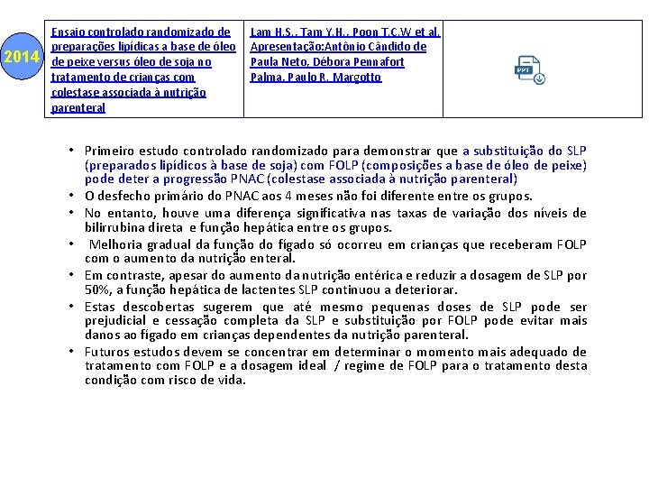 2014 Ensaio controlado randomizado de preparações lipídicas a base de óleo de peixe versus