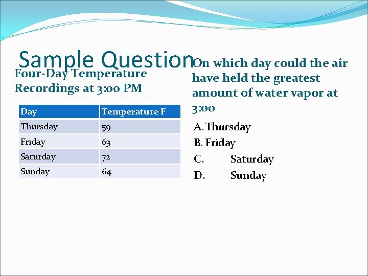 On which day could the air Sample Question Four-Day Temperature Recordings at 3: 00