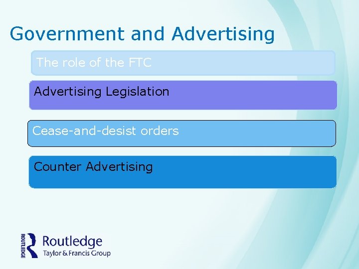 Government and Advertising The role of the FTC Advertising Legislation Cease-and-desist orders Counter Advertising