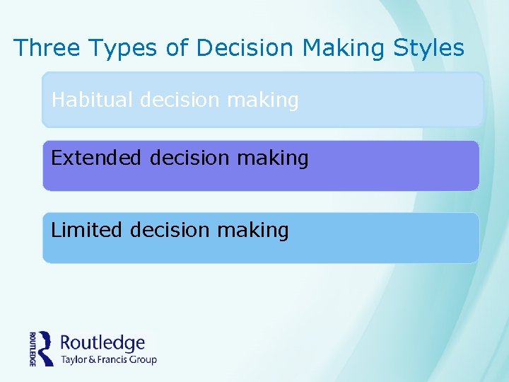 Three Types of Decision Making Styles Habitual decision making Extended decision making Limited decision