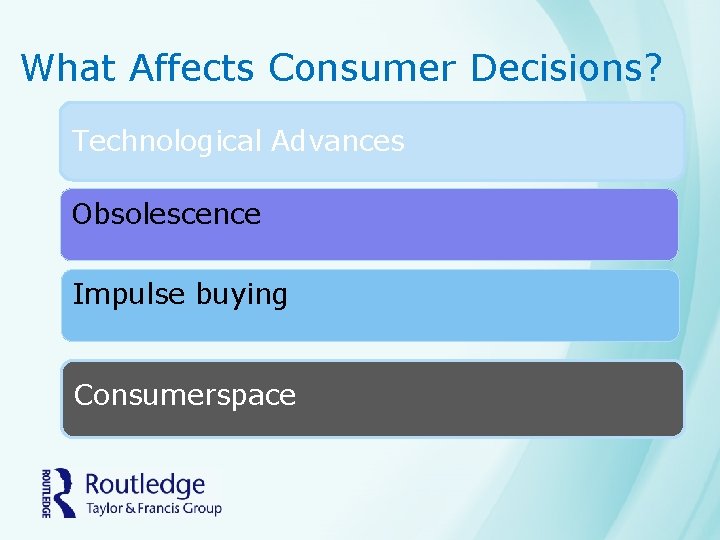 What Affects Consumer Decisions? Technological Advances Obsolescence Impulse buying Consumerspace 