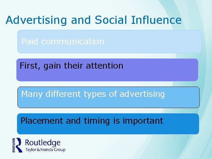 Advertising and Social Influence Paid communication First, gain their attention Many different types of