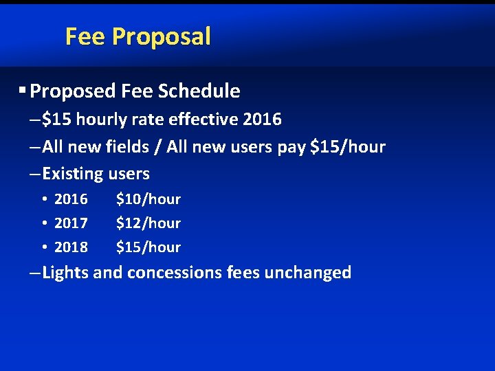 Fee Proposal § Proposed Fee Schedule – $15 hourly rate effective 2016 – All