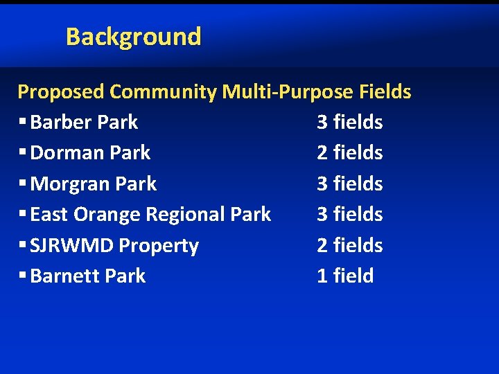 Background Proposed Community Multi-Purpose Fields § Barber Park 3 fields § Dorman Park 2