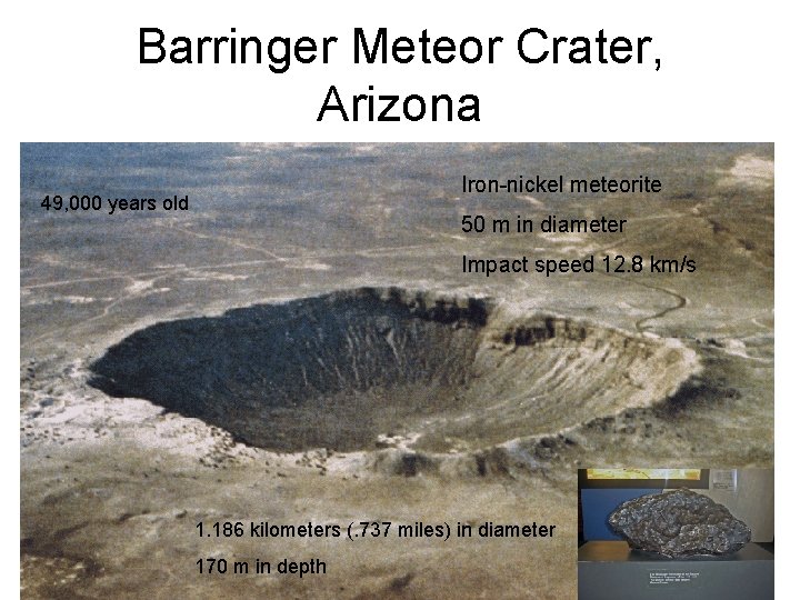 Barringer Meteor Crater, Arizona Iron-nickel meteorite 49, 000 years old 50 m in diameter