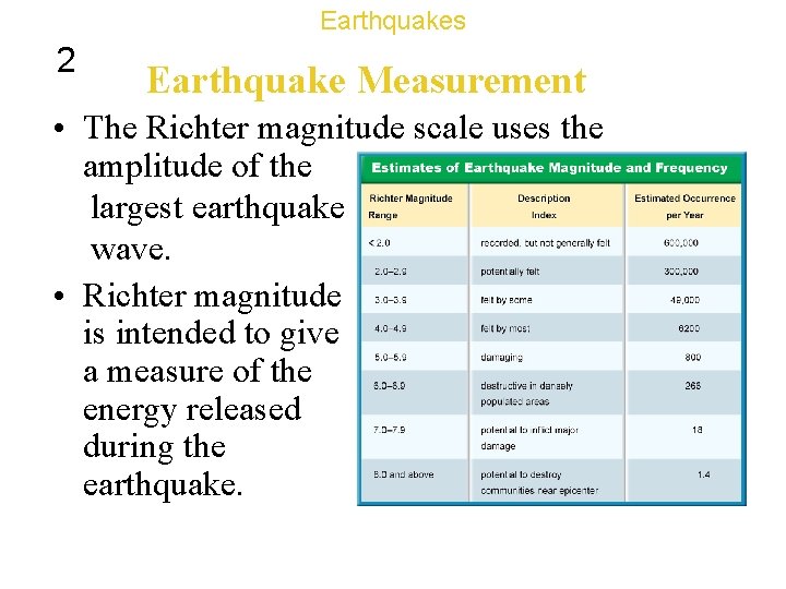 Earthquakes 2 Earthquake Measurement • The Richter magnitude scale uses the amplitude of the