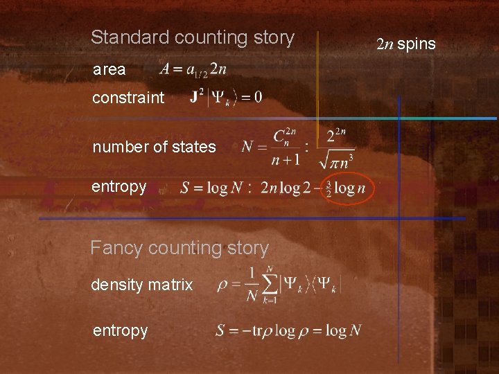 Standard counting story area constraint number of states entropy Fancy counting story density matrix