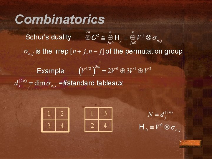 Combinatorics Schur’s duality is the irrep of the permutation group Example: =#standard tableaux 1