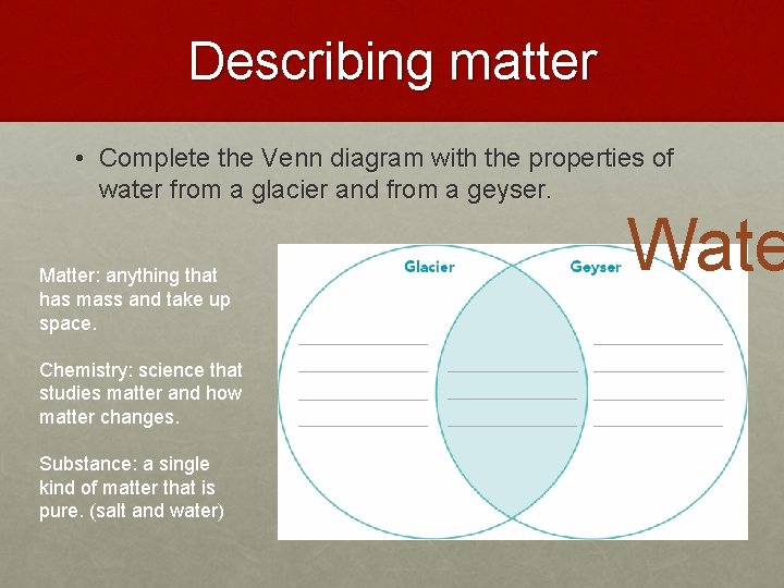 Describing matter • Complete the Venn diagram with the properties of water from a