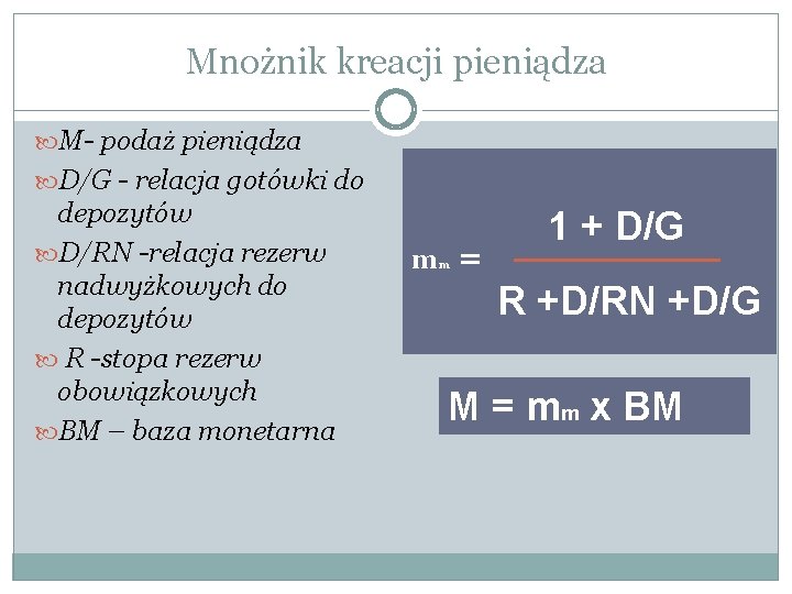 Mnożnik kreacji pieniądza M- podaż pieniądza D/G - relacja gotówki do depozytów D/RN -relacja