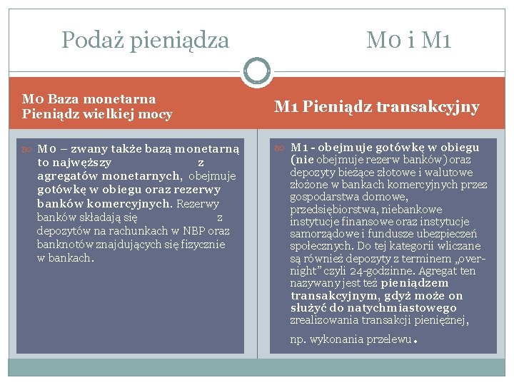 Podaż pieniądza M 0 i M 1 M 0 Baza monetarna Pieniądz wielkiej mocy