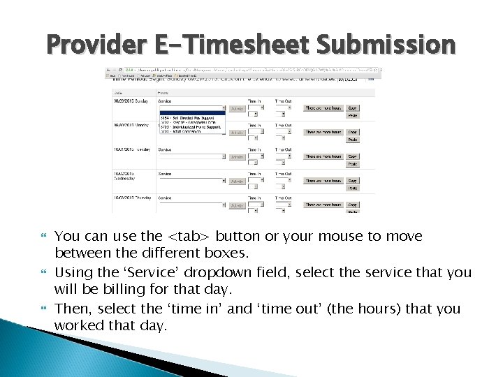 Provider E-Timesheet Submission You can use the <tab> button or your mouse to move