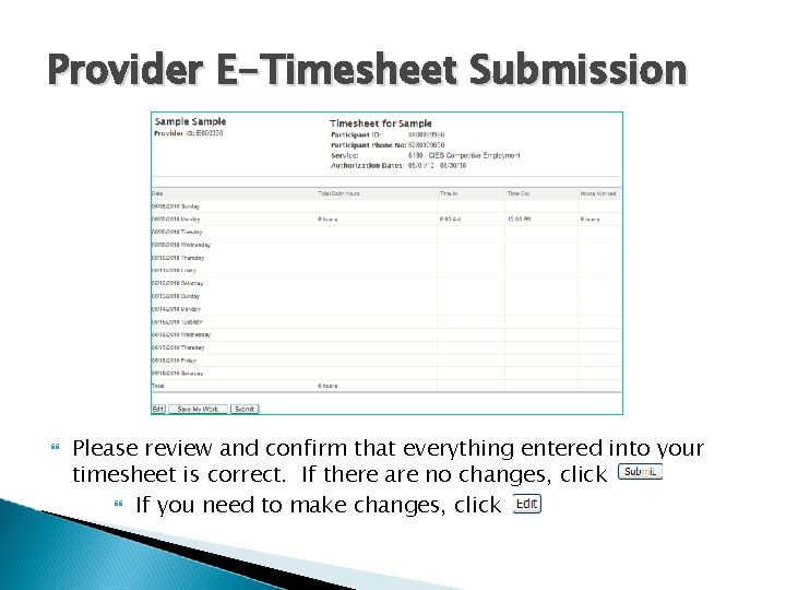 Provider E-Timesheet Submission Please review and confirm that everything entered into your timesheet is