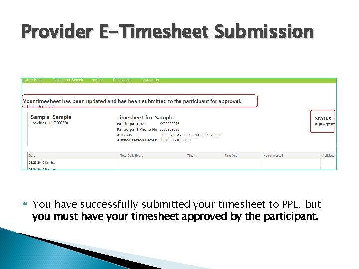 Provider E-Timesheet Submission You have successfully submitted your timesheet to PPL, but you must