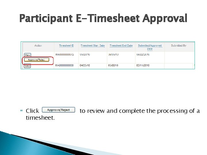 Participant E-Timesheet Approval Click timesheet. to review and complete the processing of a 
