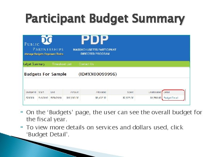 Participant Budget Summary On the ‘Budgets’ page, the user can see the overall budget