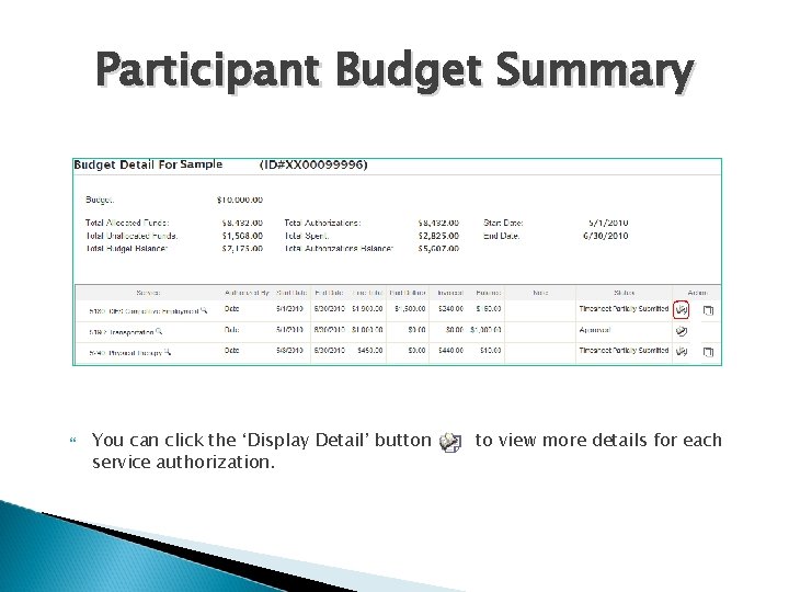 Participant Budget Summary You can click the ‘Display Detail’ button service authorization. to view