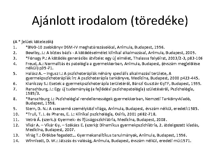 Ajánlott irodalom (töredéke) (A * jelűek kötelezők) 1. *BNO-10 zsebkönyv DSM-IV meghatározásokkal, Animula, Budapest,