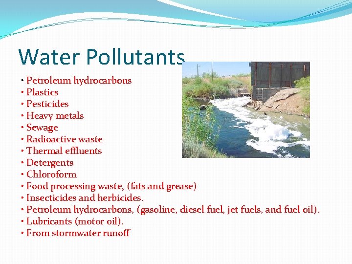 Water Pollutants • Petroleum hydrocarbons • Plastics • Pesticides • Heavy metals • Sewage