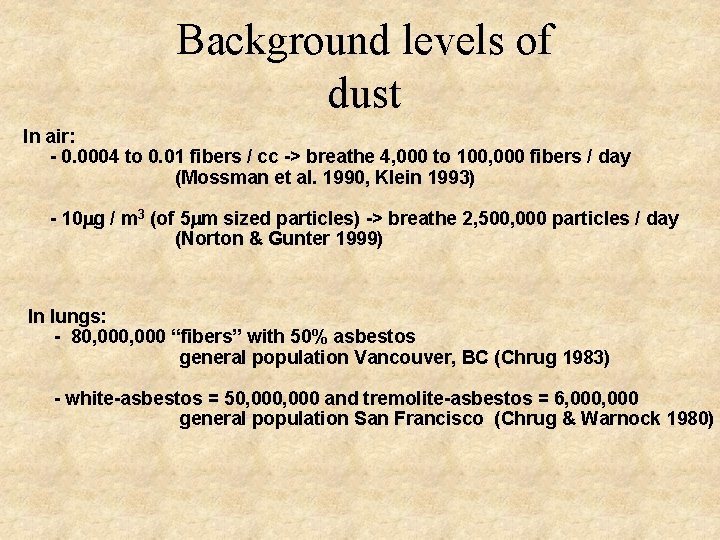 Background levels of dust In air: - 0. 0004 to 0. 01 fibers /