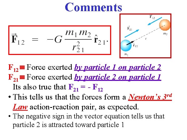Comments F 12 Force exerted by particle 1 on particle 2 F 21 Force