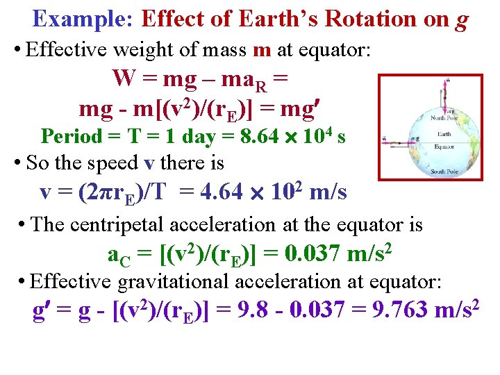 Example: Effect of Earth’s Rotation on g • Effective weight of mass m at