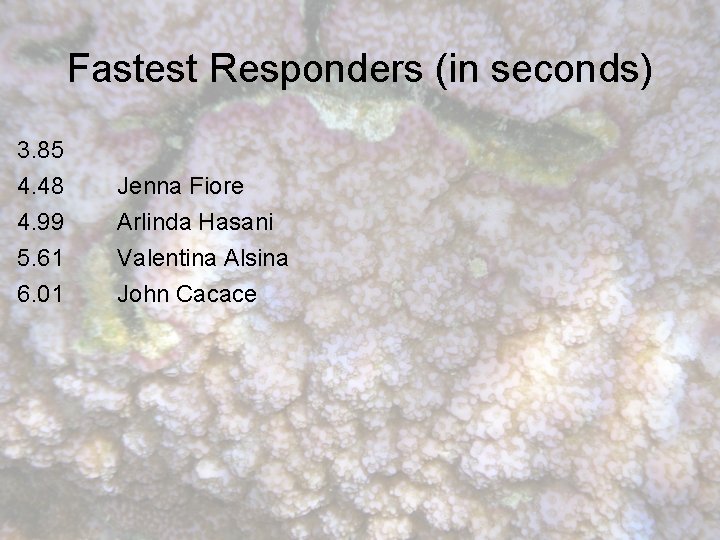 Fastest Responders (in seconds) 3. 85 4. 48 4. 99 5. 61 Jenna Fiore
