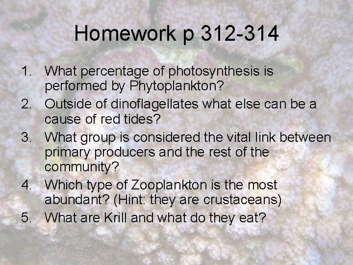 Homework p 312 -314 1. What percentage of photosynthesis is performed by Phytoplankton? 2.