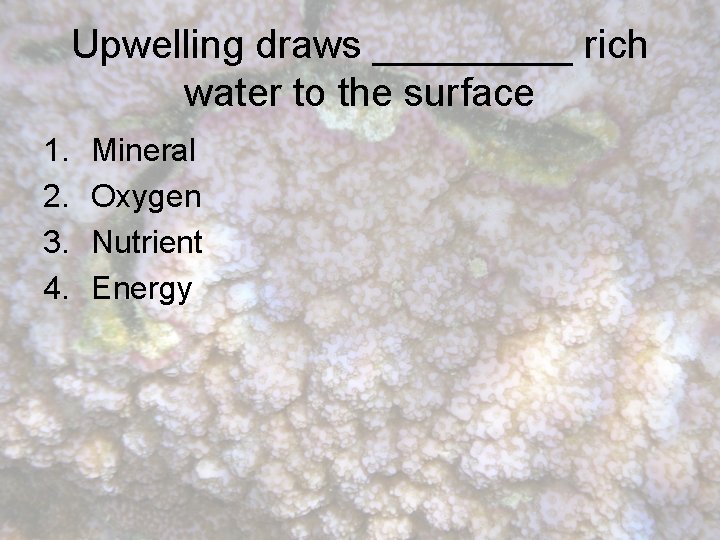 Upwelling draws _____ rich water to the surface 1. 2. 3. 4. Mineral Oxygen
