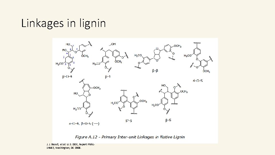 Linkages in lignin J. J. Bozell, et al. U. S. DOE, Report PNNL 16983, Linkages in lignin J. J. Bozell, et al. U. S. DOE, Report PNNL 16983,